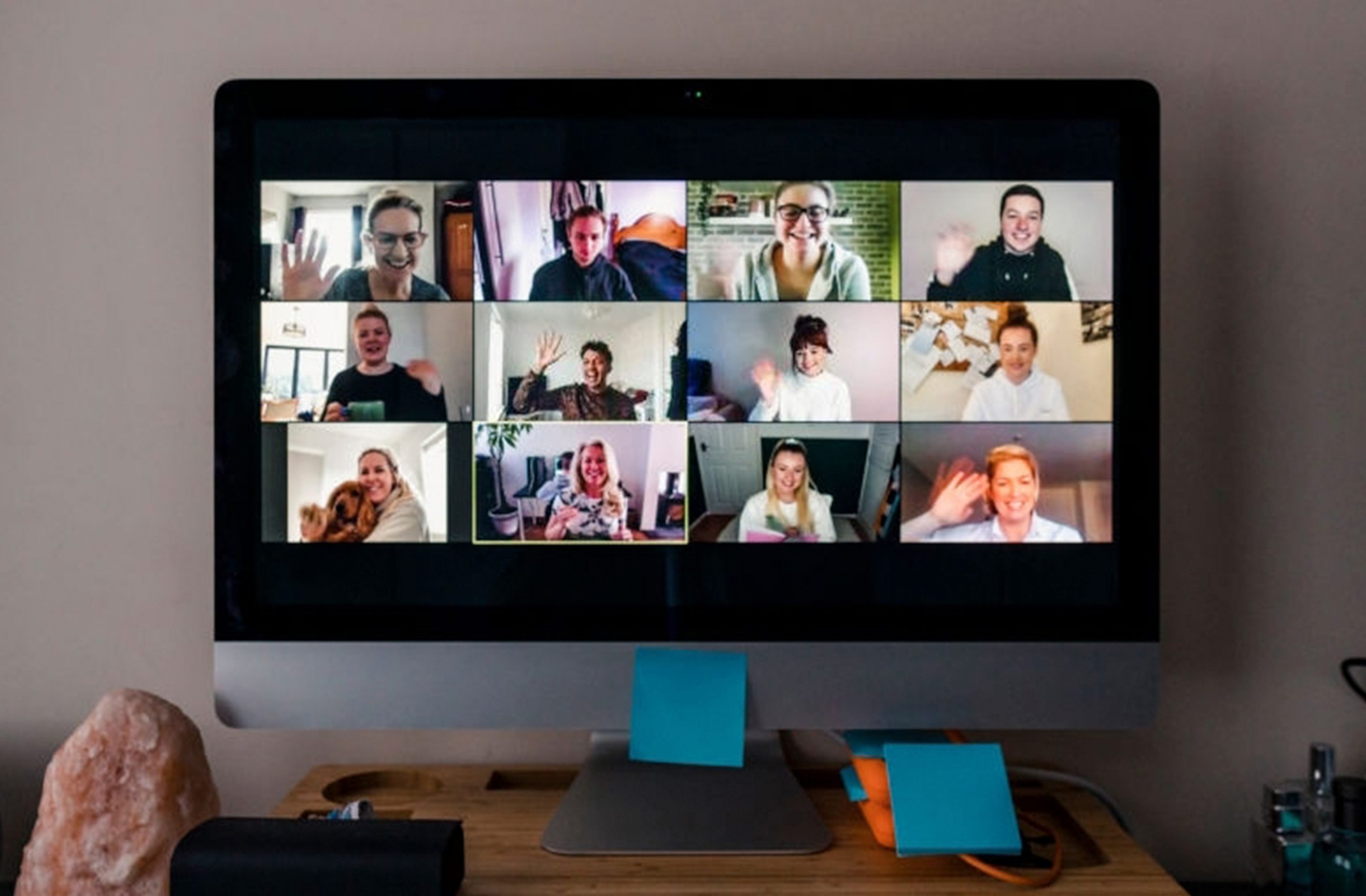 Computer desktop screen showing a video conference with 12 people each waiving.