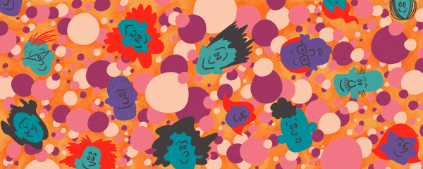cartoon faces in a sea of floating bubbles - how to foster creativity in the workplace.