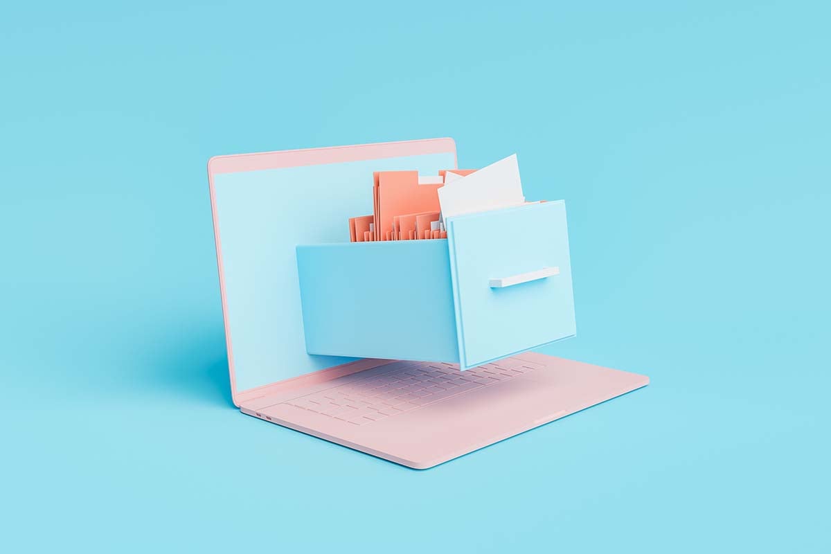 file cabinet full of documents and folders coming out of a laptop screen. minimal concept of file organization and data storage. 3d rendering. Intranet Effectiveness