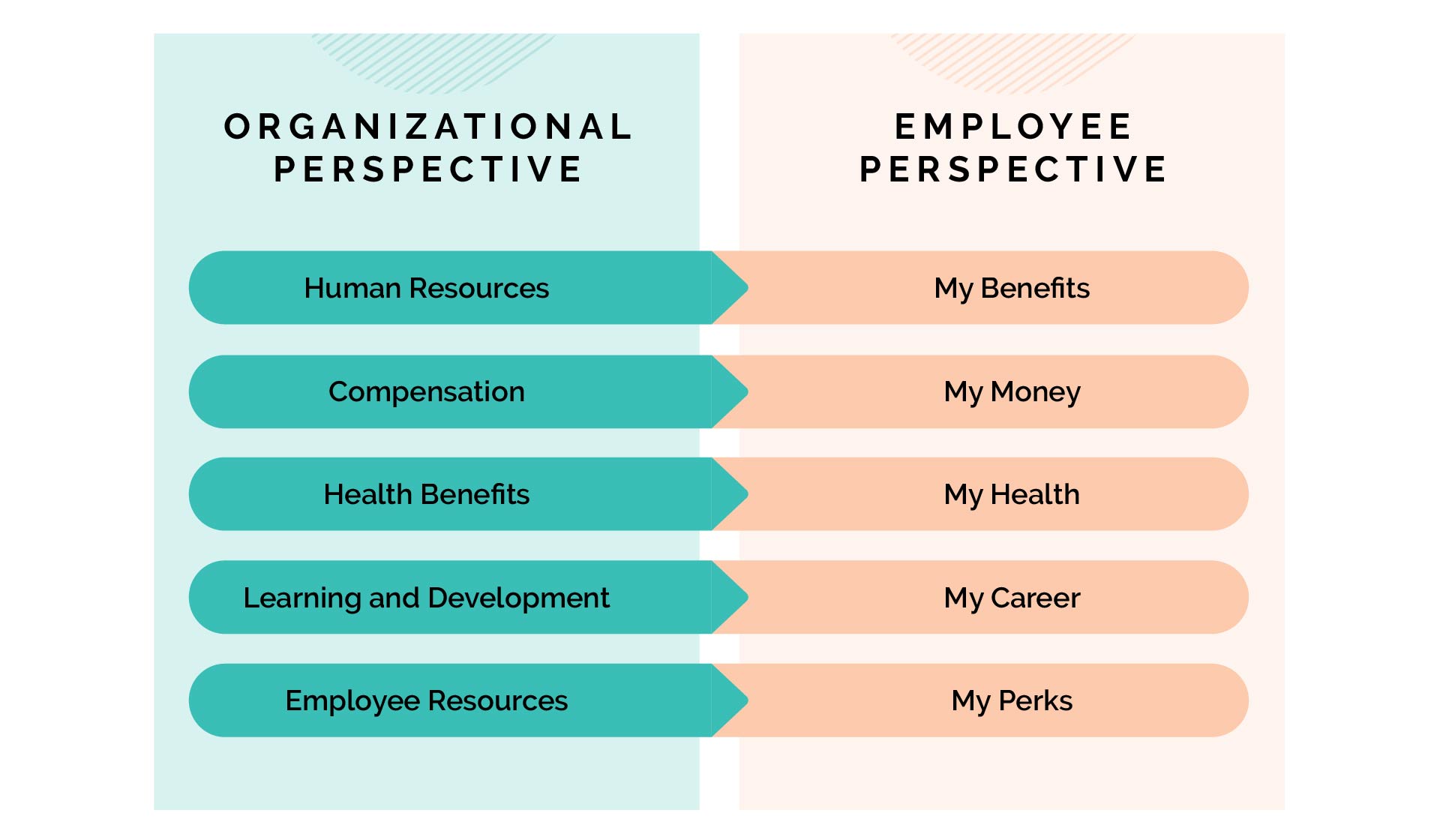 Organizational Perspective: Human Resources, Compensation, Health Benefits, Learning and Development, Performance Development. Employee Perspective: My Benefits, My Money, My Health, My Career, Professional Growth